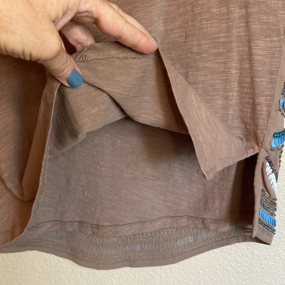 DELETTA ANTHROPOLOGIE S Sequined Beaded Sleeveless Cap Sleeve Shirt Top Tan Blue - Picture 9 of 16